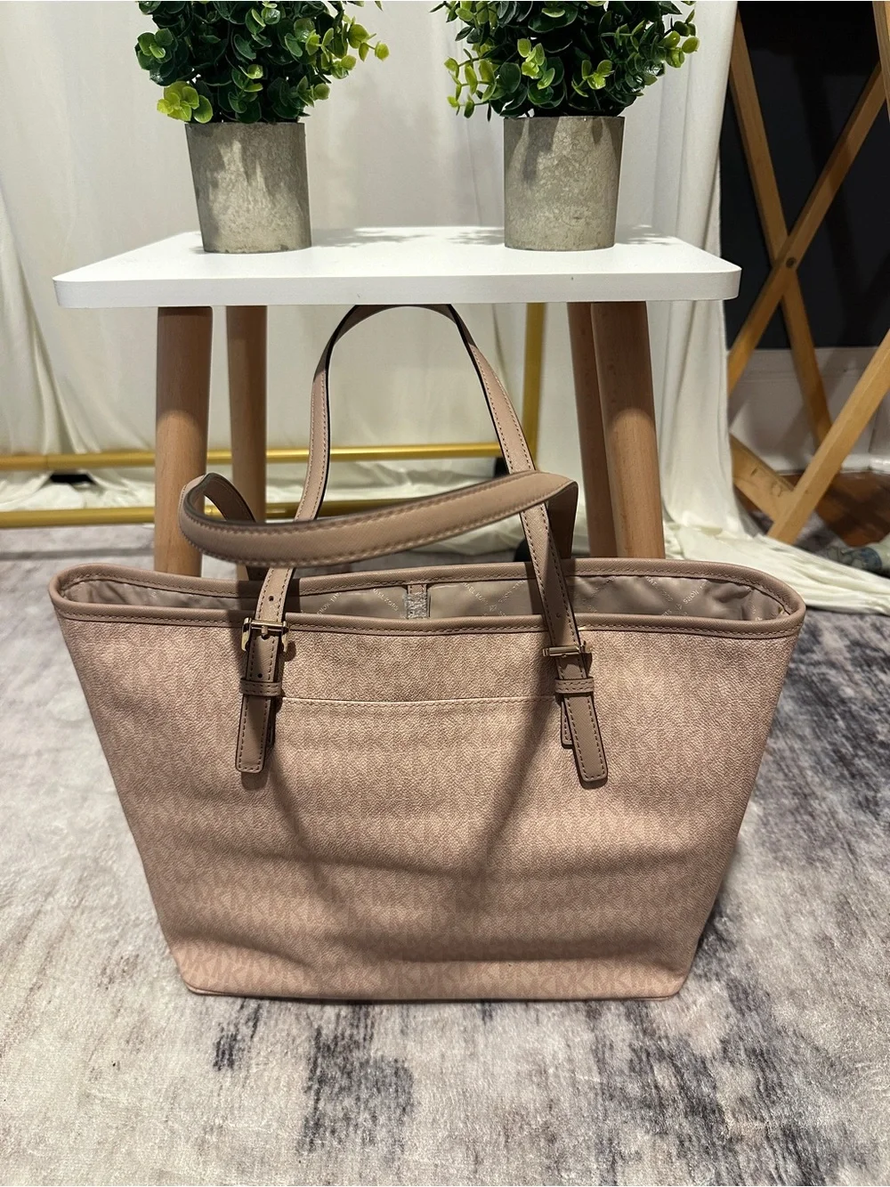 Michael Kors Blush Pink Signature Tote with Center Panel and MK Charm